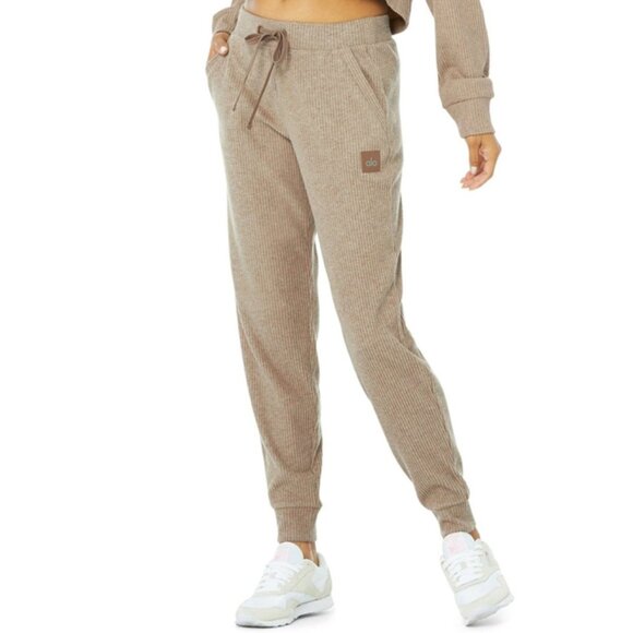 Alo Muse Sweatpants Gravel Heather Tan Slim Sweats Ribbed Stretchy Joggers Pants - Picture 1 of 13